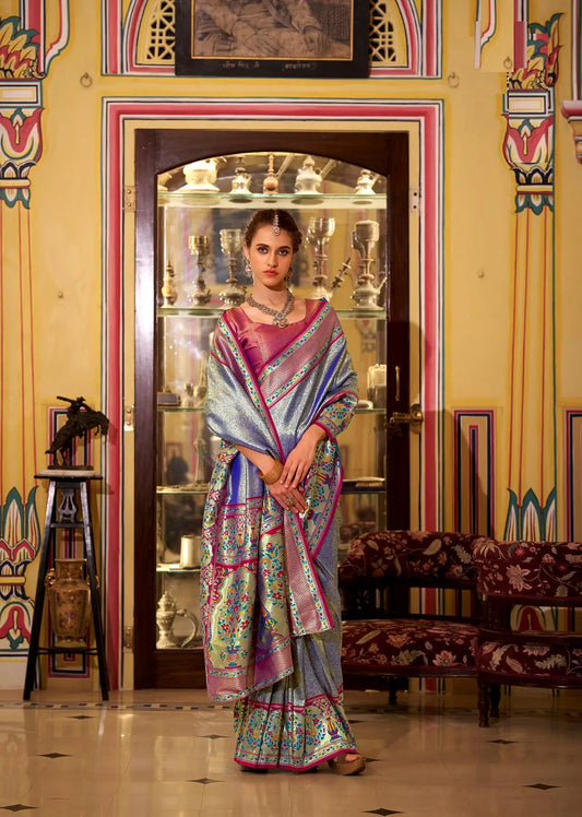 Dusty Blue  Soft Tissue Silk Saree  With Weaving Work
