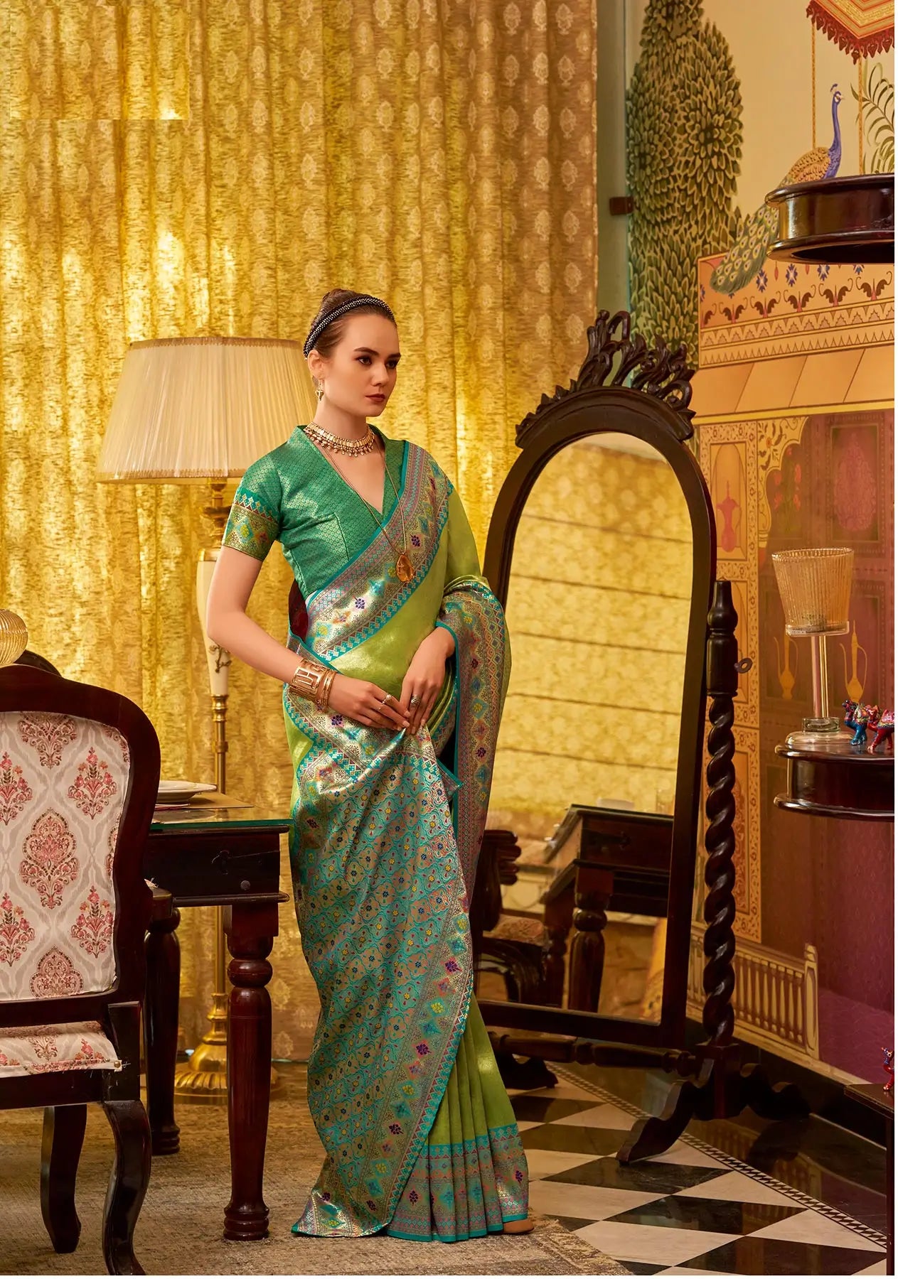 Green Fancy Tissue Silk Saree with  Zari Weaving