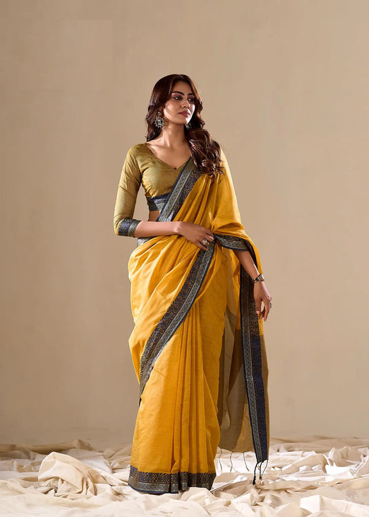 Yellow Handloom Silk Saree With Contarast Border