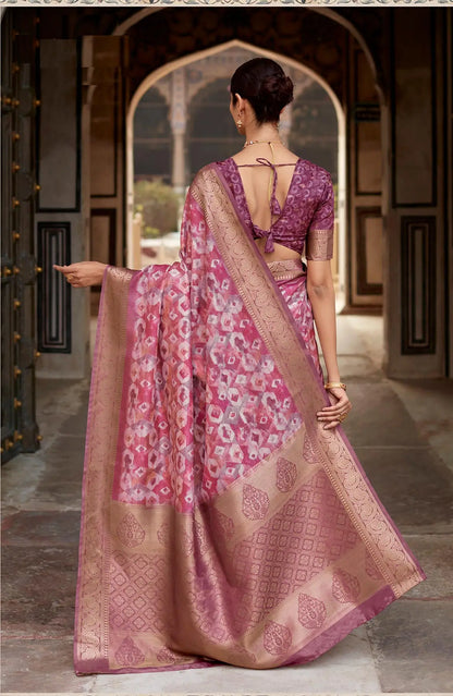 Pink  Handloom Silk Saree  With Digital Print Zari Border