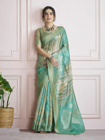 MultiColor Handloom Khadi Silk Saree with Digital Print & Zari  Border