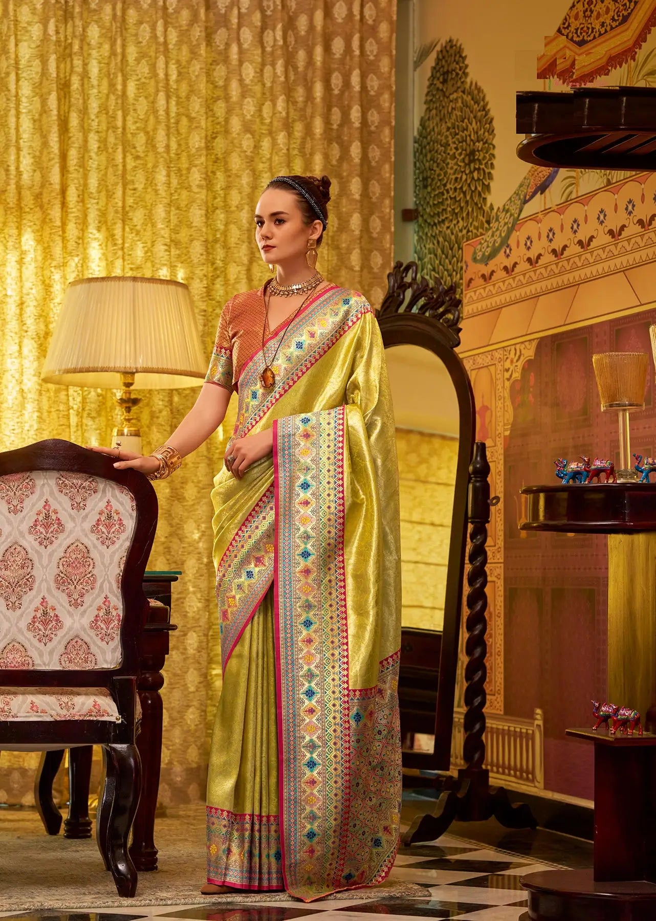 Yellow Fancy Tissue Silk Saree with  Zari Weaving