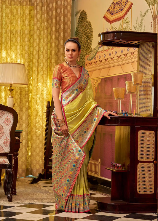 Yellow Fancy Tissue Silk Saree with  Zari Weaving