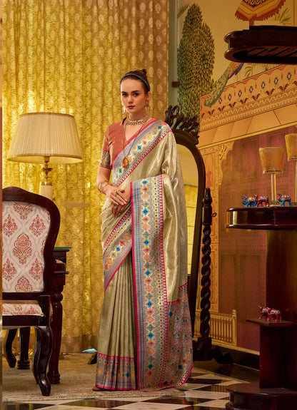 Beige  Fancy Tissue Silk Saree with  Zari Weaving