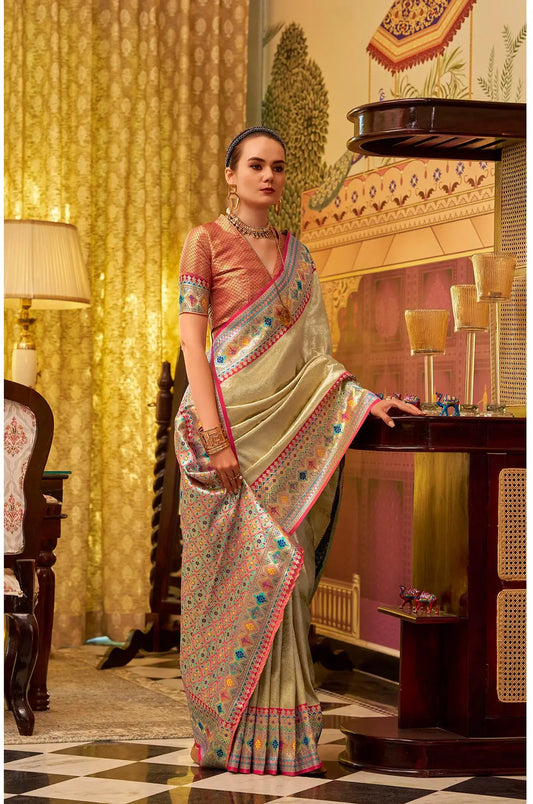 Beige  Fancy Tissue Silk Saree with  Zari Weaving