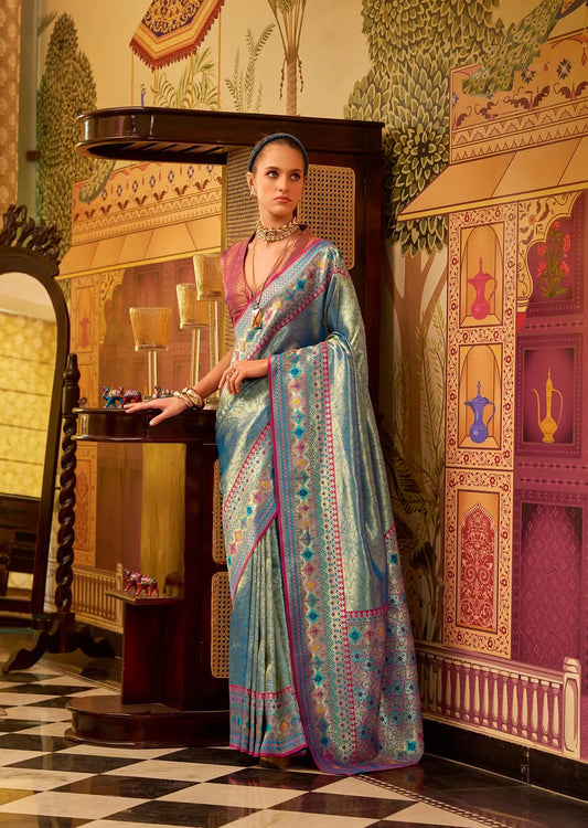 Blue  Fancy Tissue Silk Saree with  Zari Weaving