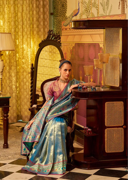 Blue  Fancy Tissue Silk Saree with  Zari Weaving