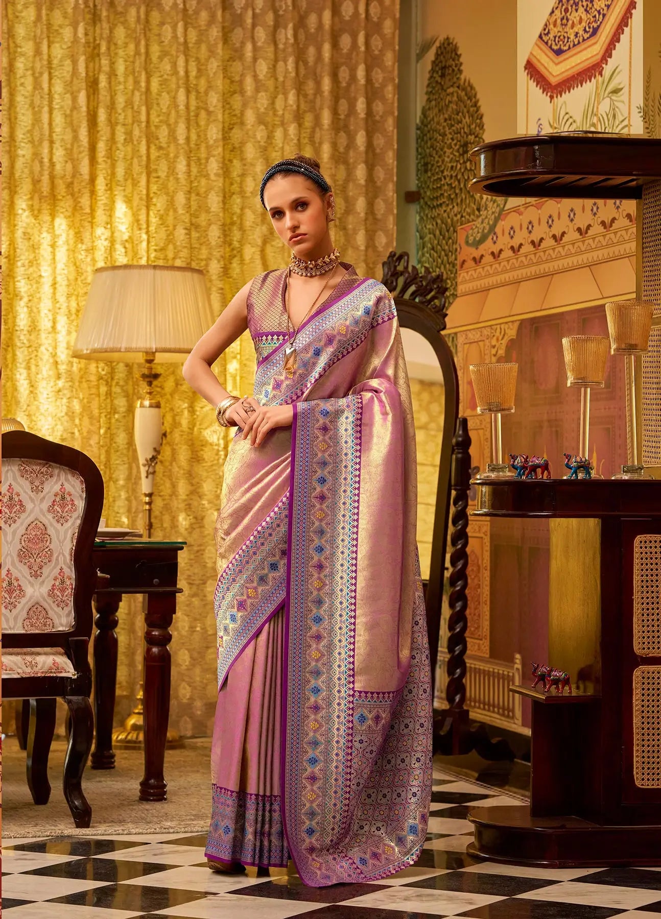 Dusty Pink  Fancy Tissue Silk Saree with  Zari Weaving