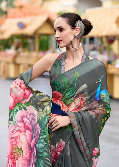 Green  Georgette Saree with Exclusive Print