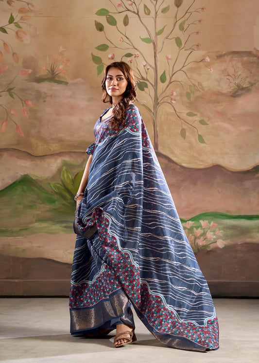 Dark Blue Dola Silk Printed Saree With Zari Border