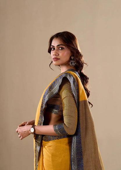 Yellow Handloom Silk Saree With Contarast Border