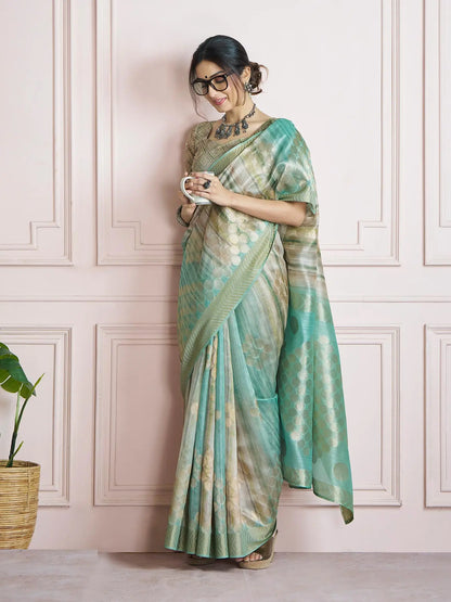 MultiColor Handloom Khadi Silk Saree with Digital Print & Zari  Border