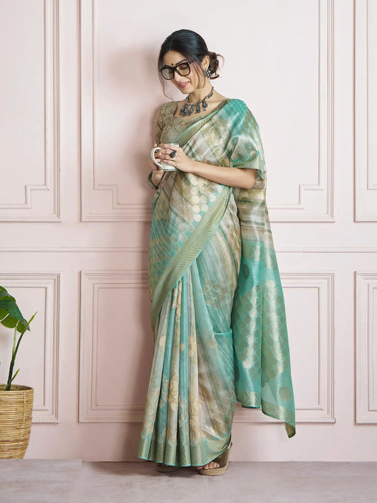 MultiColor Handloom Khadi Silk Saree with Digital Print & Zari  Border