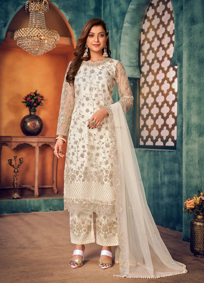White Net Thread & Sequence Embroidery Work Salwar Suit