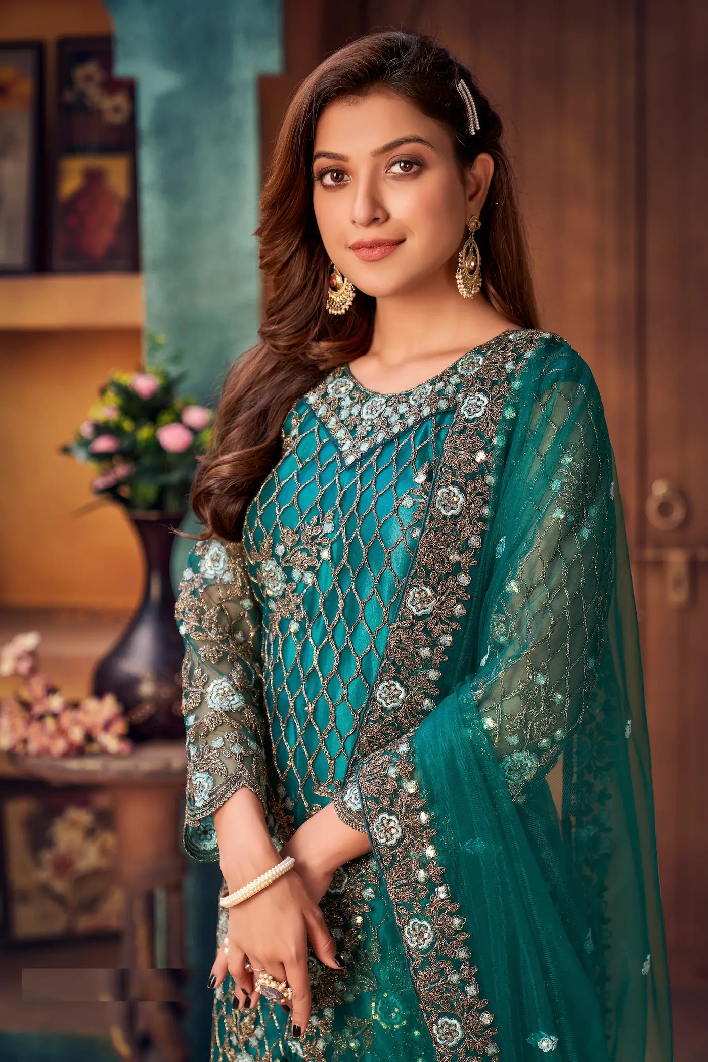 Teal Blue Net Thread & Sequence Embroidery Work Salwar Suit