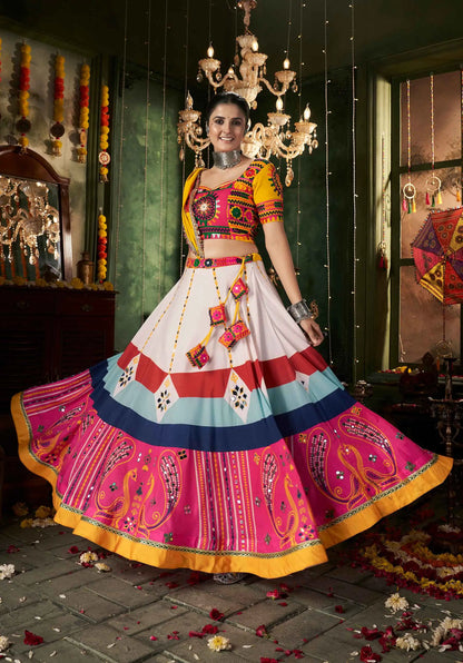 Multi Color Maslin Cotton Navratri Lehenga Choli Print And Mirror Work