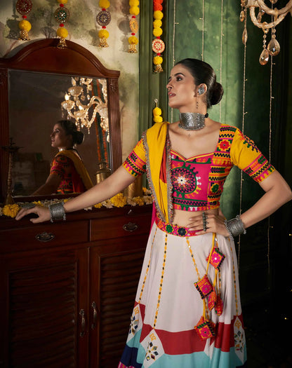 Multi Color Maslin Cotton Navratri Lehenga Choli Print And Mirror Work