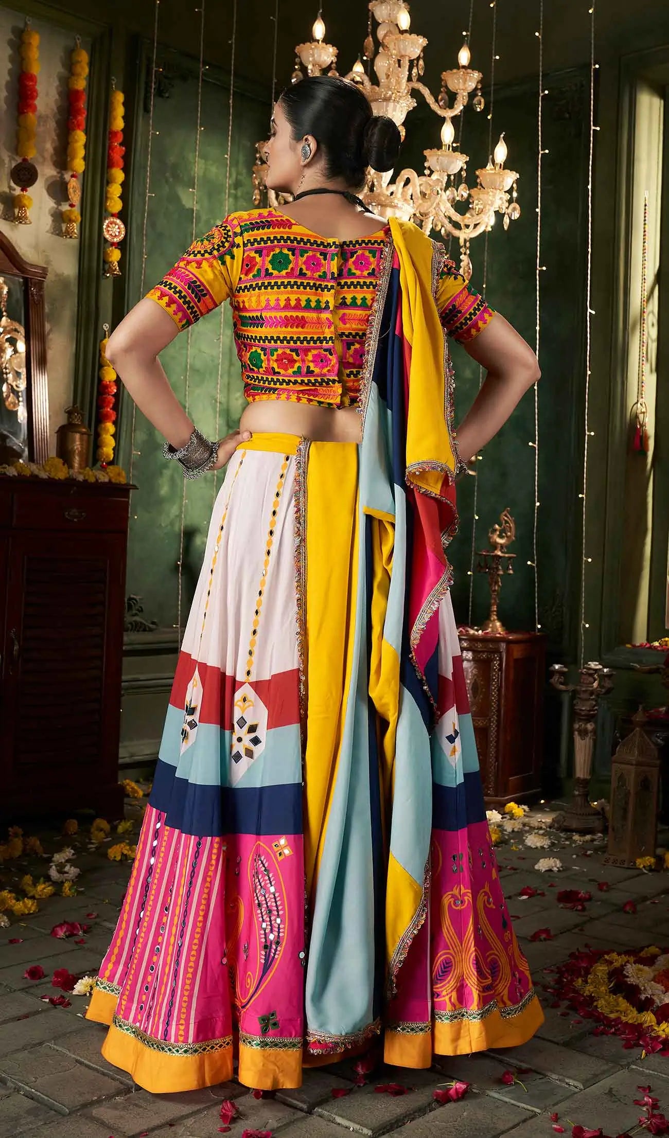 Multi Color Maslin Cotton Navratri Lehenga Choli Print And Mirror Work