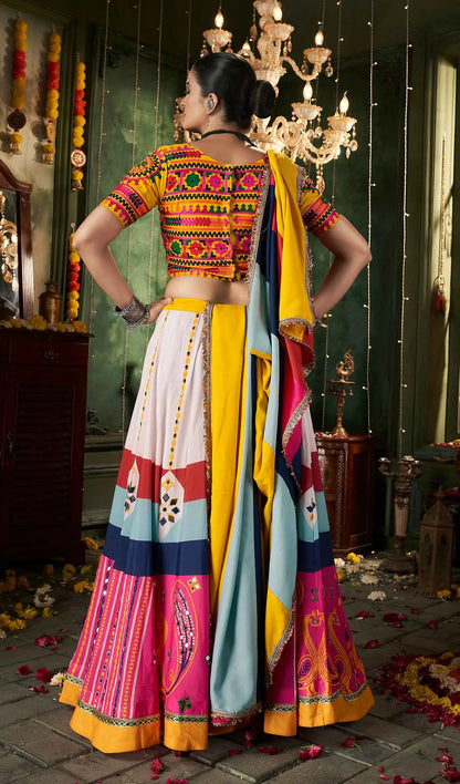 Multi Color Maslin Cotton Navratri Lehenga Choli Print And Mirror Work
