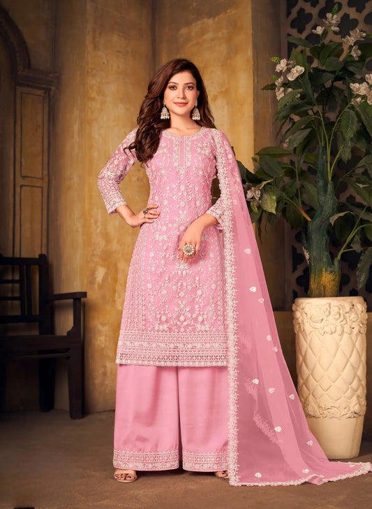 Light Pink Net Thread & Sequence Embroidery Work Salwar Suit
