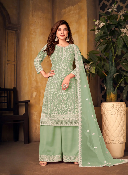 Pista Green Net Thread & Sequence Embroidery Work Salwar Suit