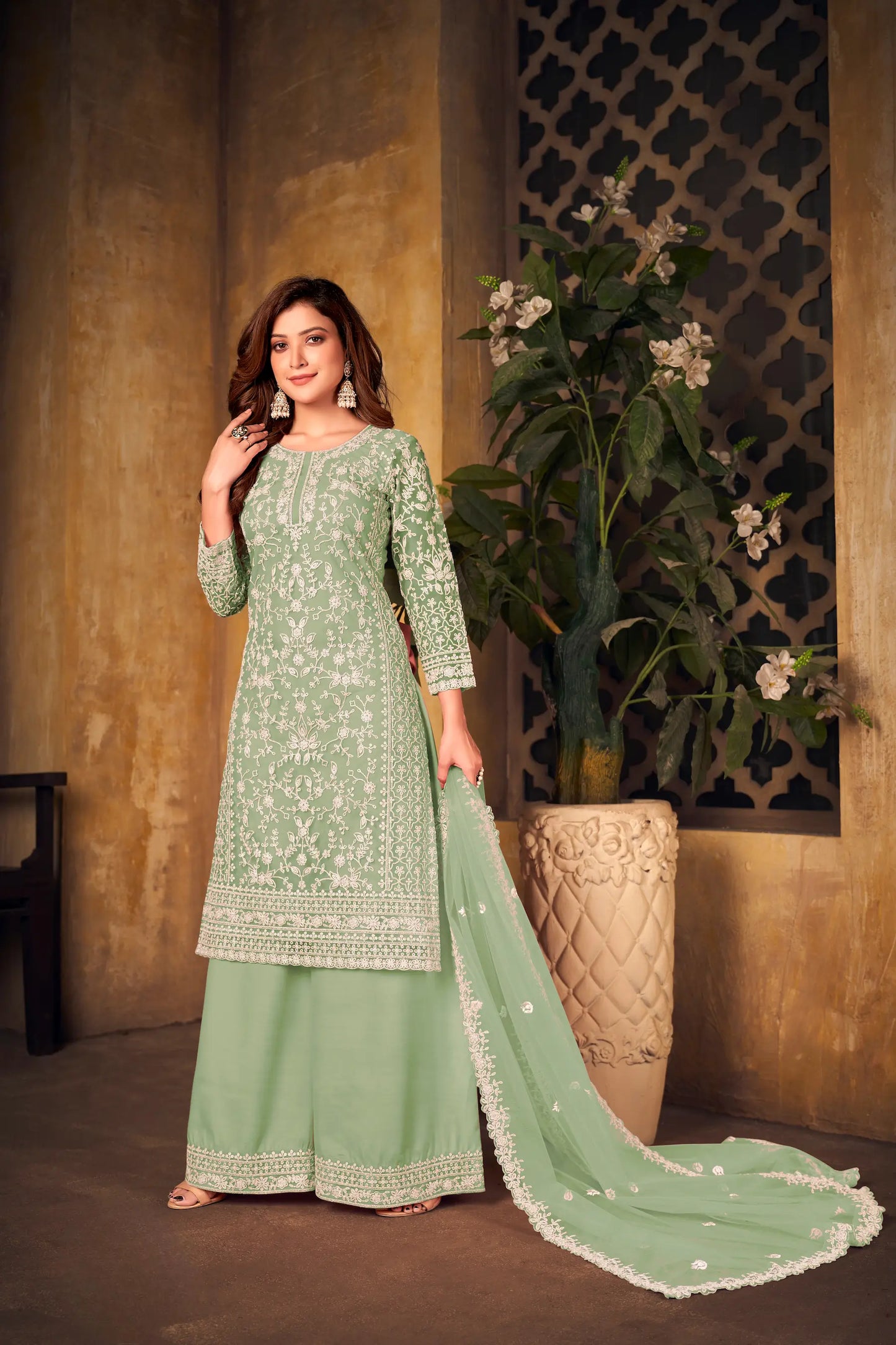 Pista Green Net Thread & Sequence Embroidery Work Salwar Suit