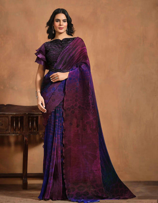 Wine Berry Digital Print Draped Saree With Hand Work Blouse