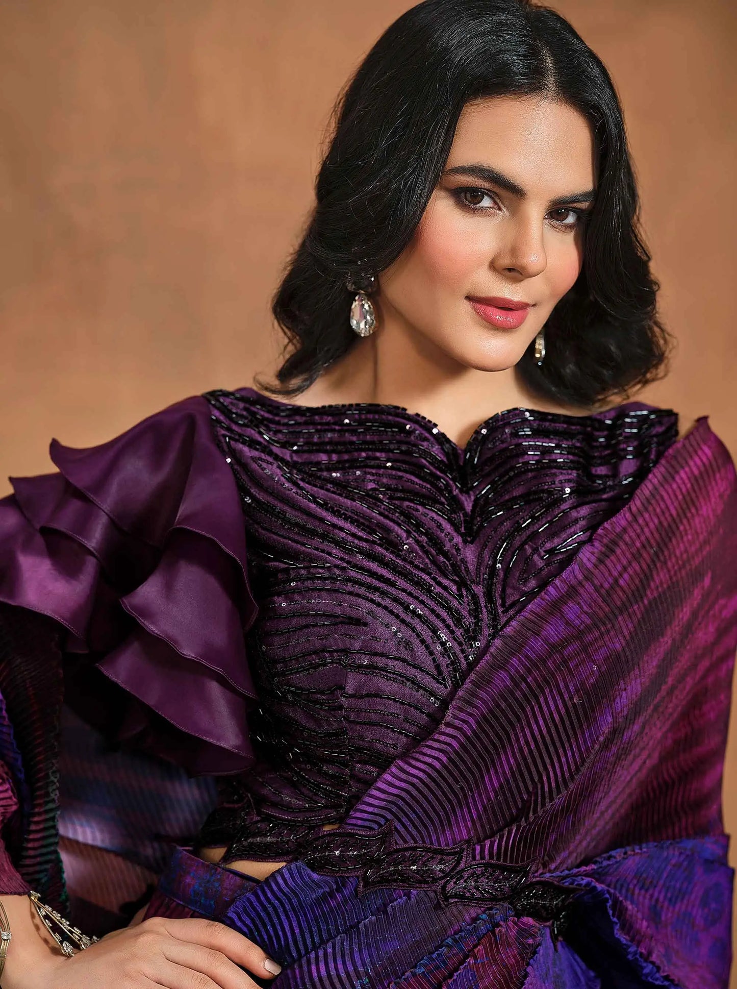 Wine Berry Digital Print Draped Saree With Hand Work Blouse