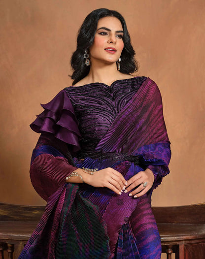 Wine Berry Digital Print Draped Saree With Hand Work Blouse