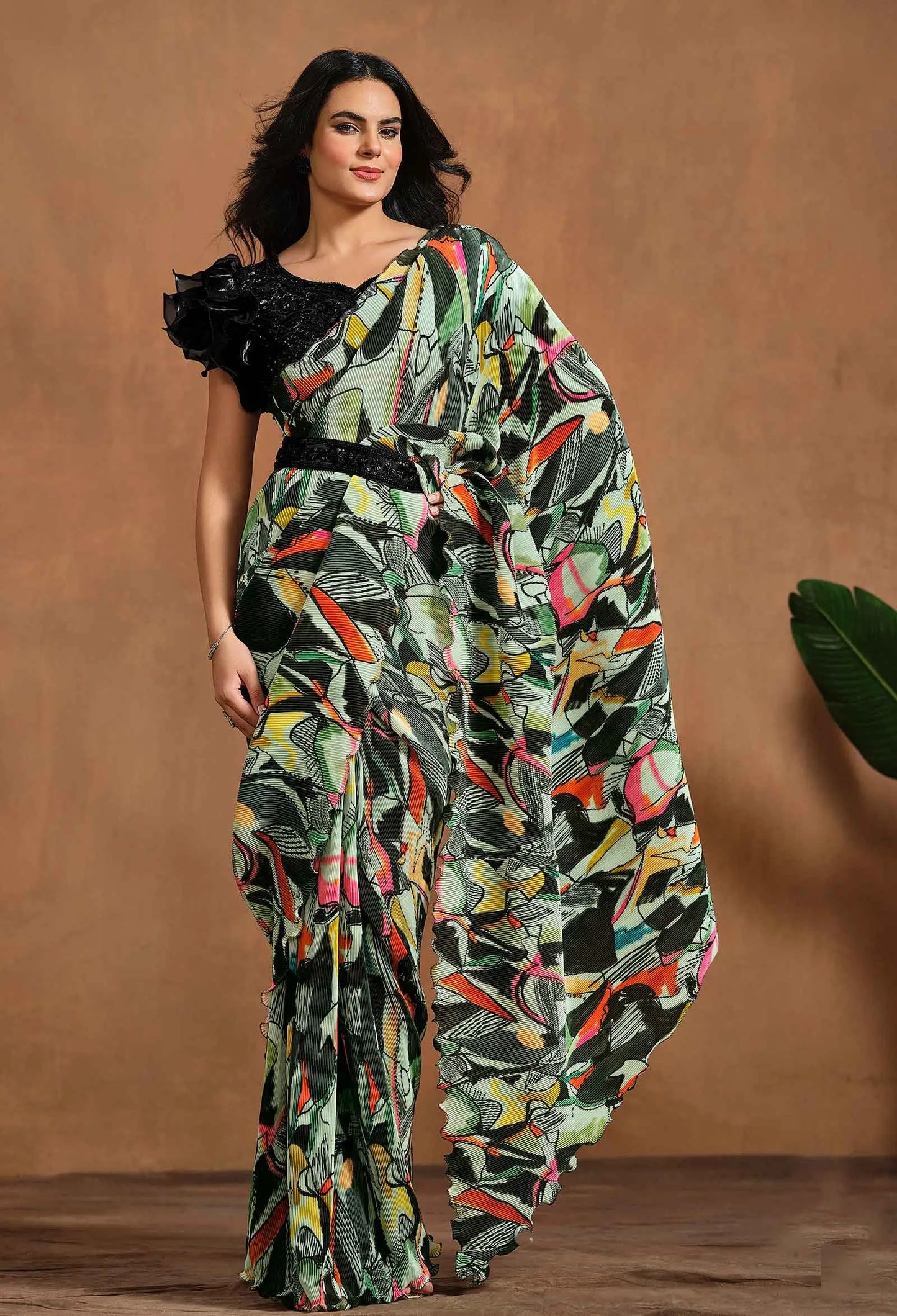 Multi Color Digital Print Ready To Wear Saree With Hand Work Blouse