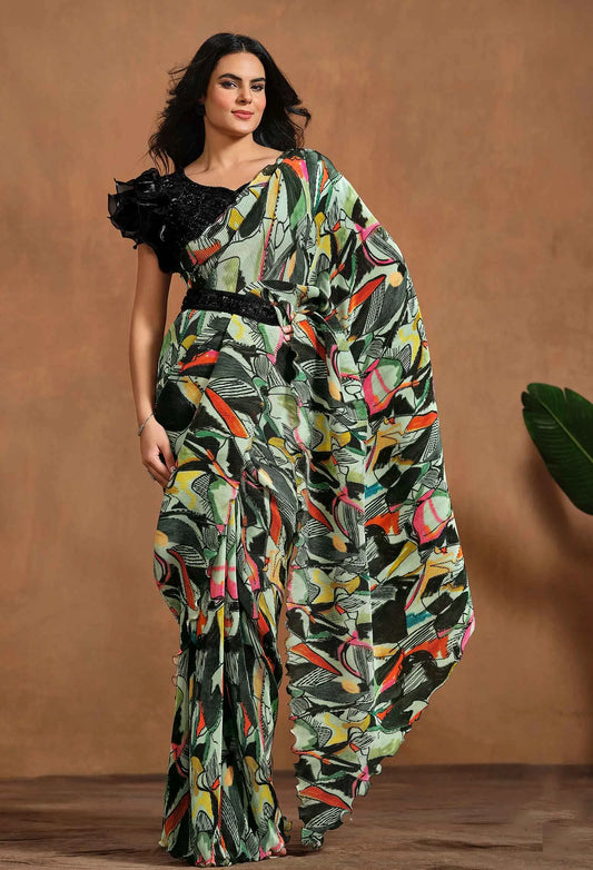 Multi Color Digital Print Ready To Wear Saree With Hand Work Blouse