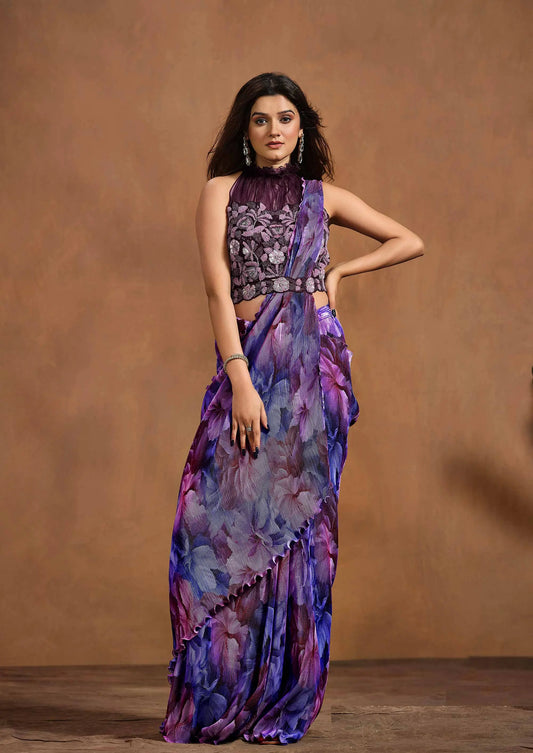 Twilight Purple Floral Digital Print One Minute Saree With Beads Hand Work