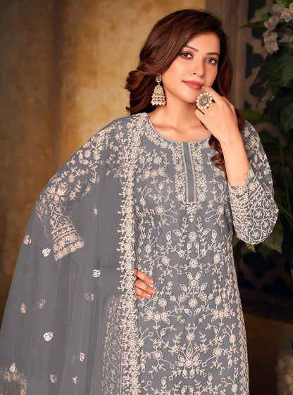 Grey Net Thread & Sequence Embroidery Work Salwar Suit