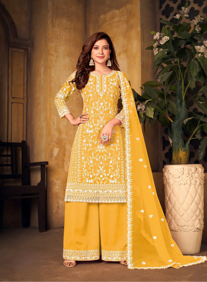 Yellow Net Thread & Sequence Embroidery Work Salwar Suit