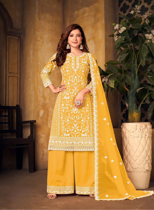 Yellow Net Thread & Sequence Embroidery Work Salwar Suit