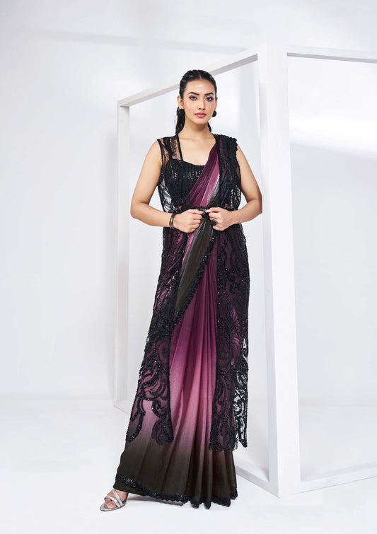 Black Wine Satin Silk Ready To Wear One Minute Saree With Handwork Blouse