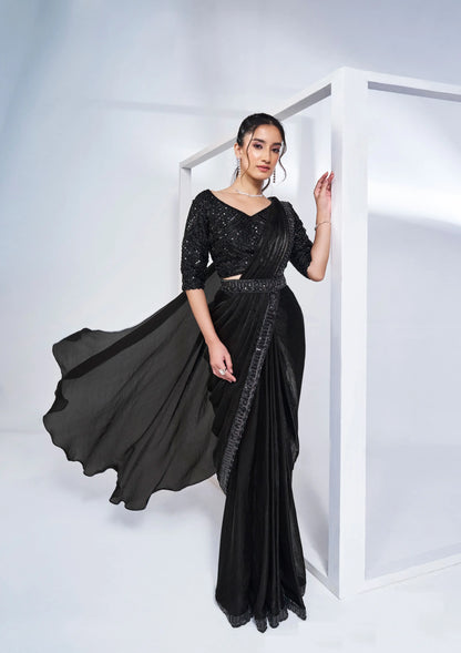 Black Satin Silk Ready To Wear One Minute Saree With Heavy Handwork Blouse
