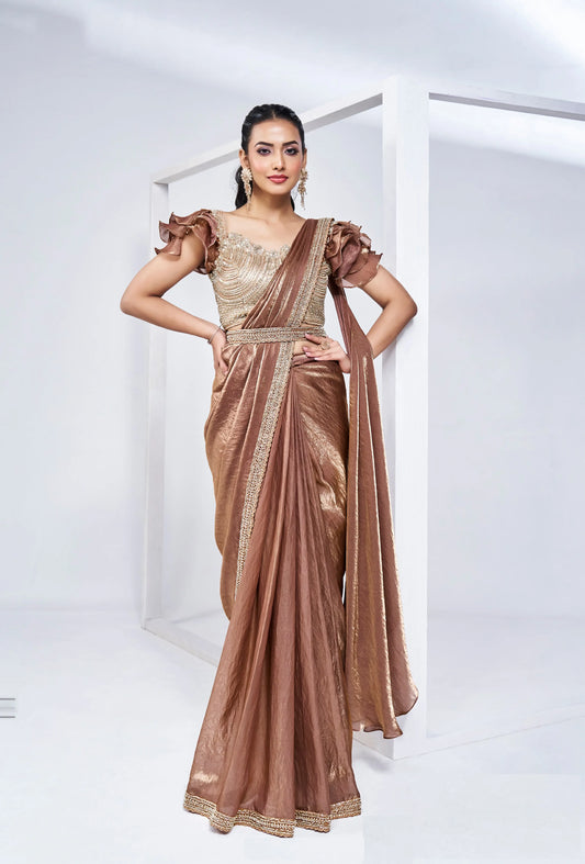 Mustard Satin Silk Ready To Wear One Minute Saree With Handwork Blouse