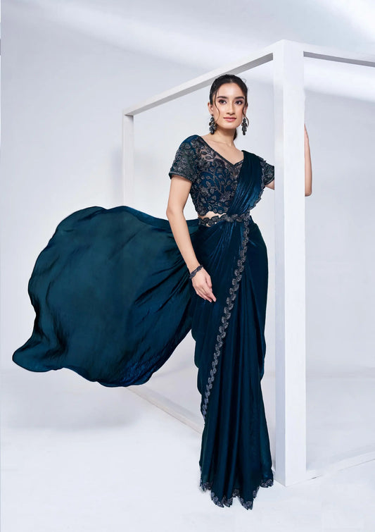 Navy Blue Satin Silk Ready To Wear One Minute Saree With Handwork Blouse