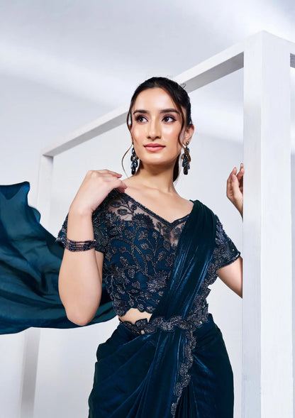 Navy Blue Satin Silk Ready To Wear One Minute Saree With Handwork Blouse