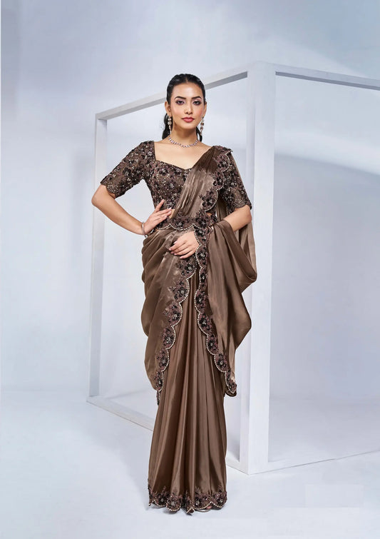 Coffee Satin Silk Ready To Wear One Minute Saree With Handwork Blouse