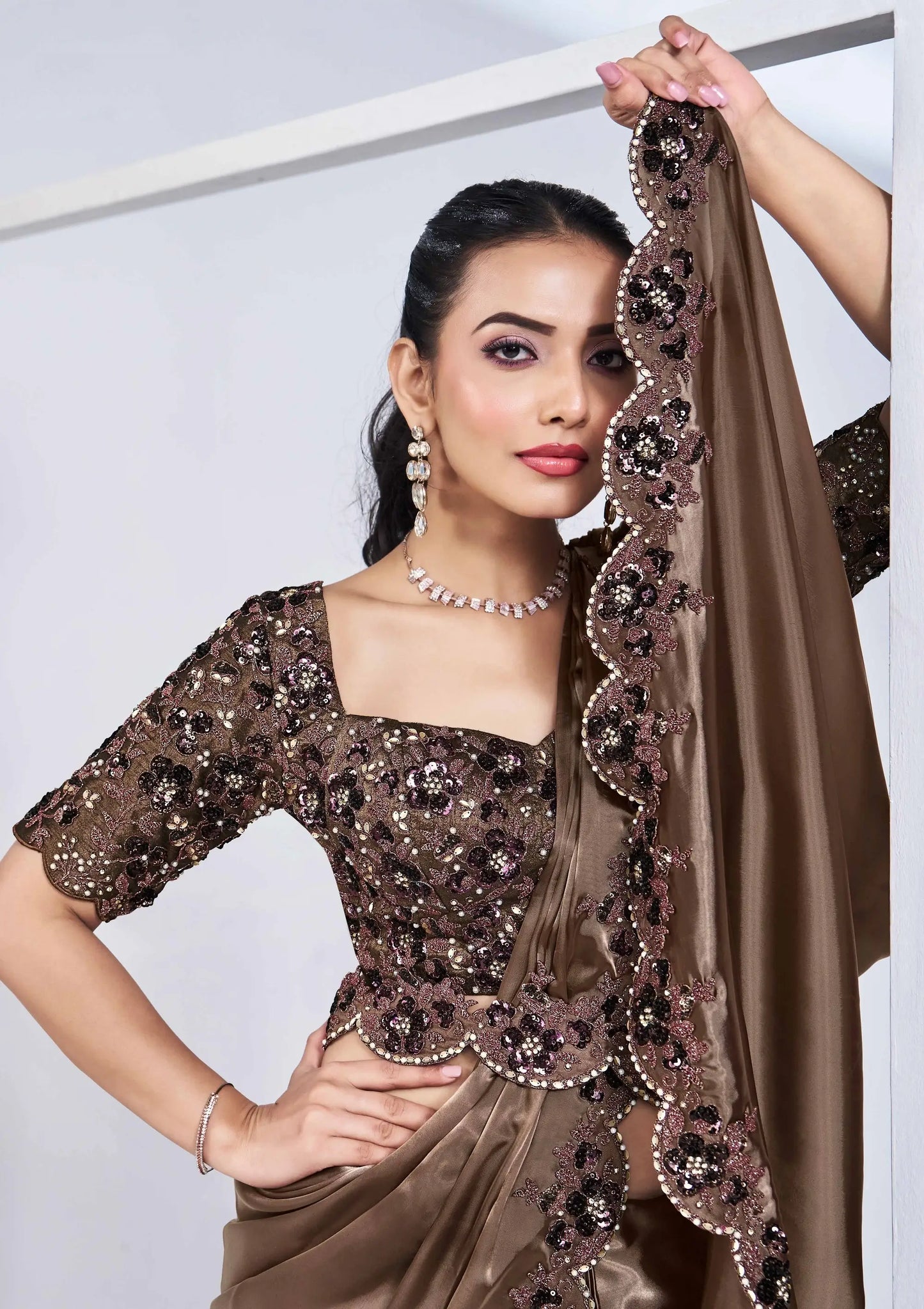Coffee Satin Silk Ready To Wear One Minute Saree With Handwork Blouse