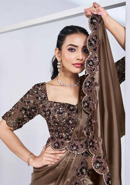 Coffee Satin Silk Ready To Wear One Minute Saree With Handwork Blouse