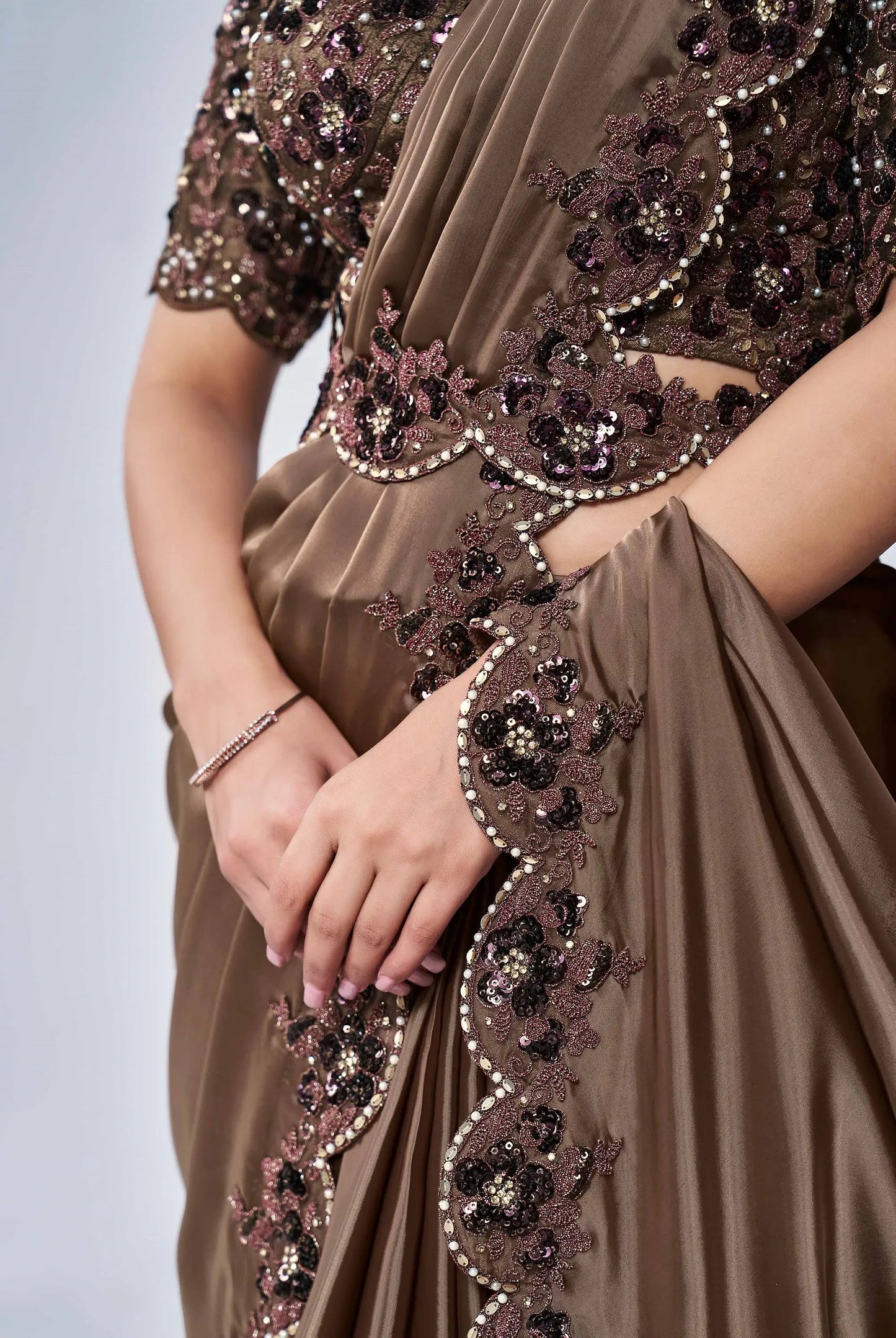 Coffee Satin Silk Ready To Wear One Minute Saree With Handwork Blouse
