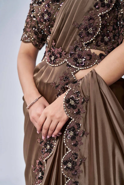 Coffee Satin Silk Ready To Wear One Minute Saree With Handwork Blouse