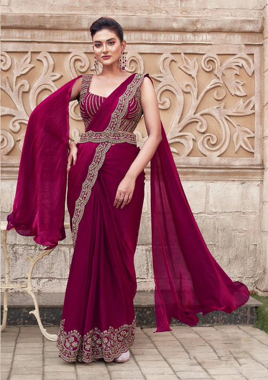 Cherry Red Pearl With Hand Work Ready To Wear Saree With Belt