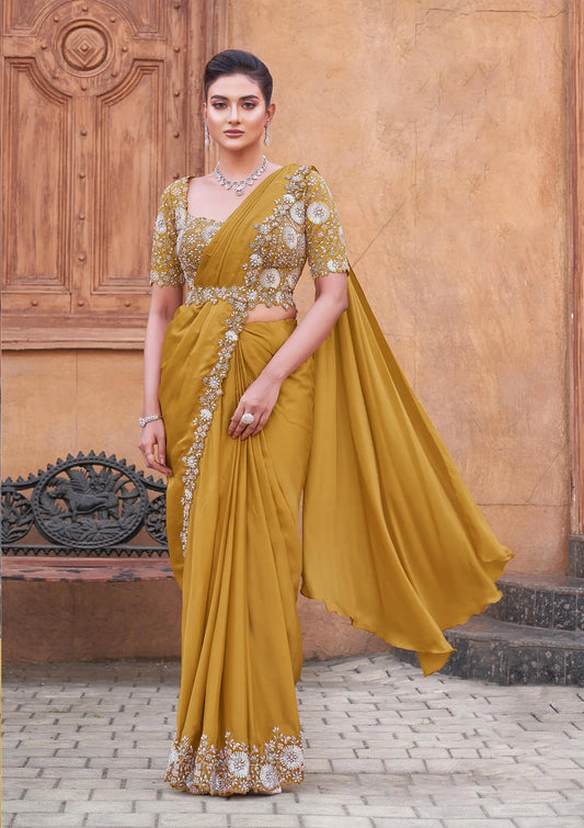 Yellowish Orange Pearl With Hand Work Ready To Wear Saree With Belt