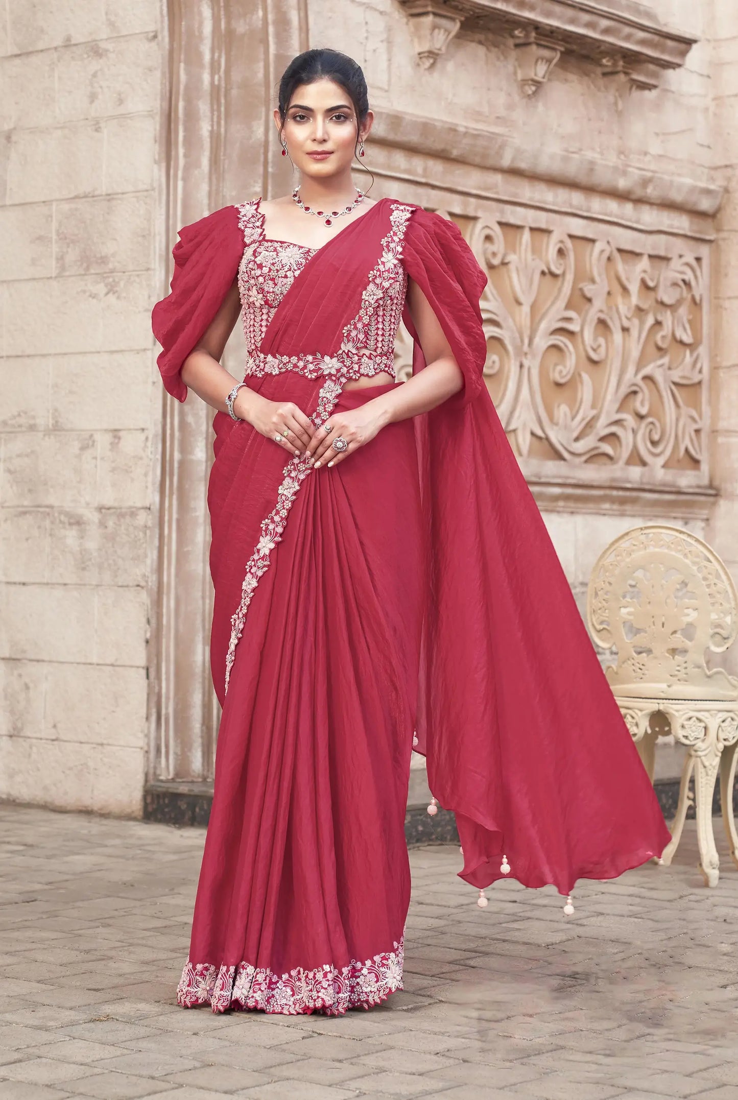 Light Maroon Duel Sequins With Hand Work Ready To Wear Saree With Belt
