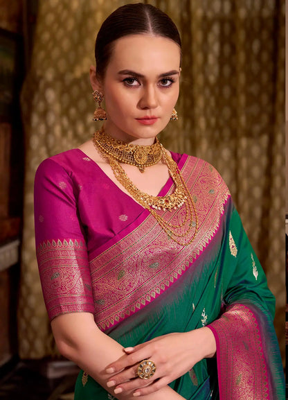 Dark Green Soft Silk  Zari Weaving  Saree With Contrast Border
