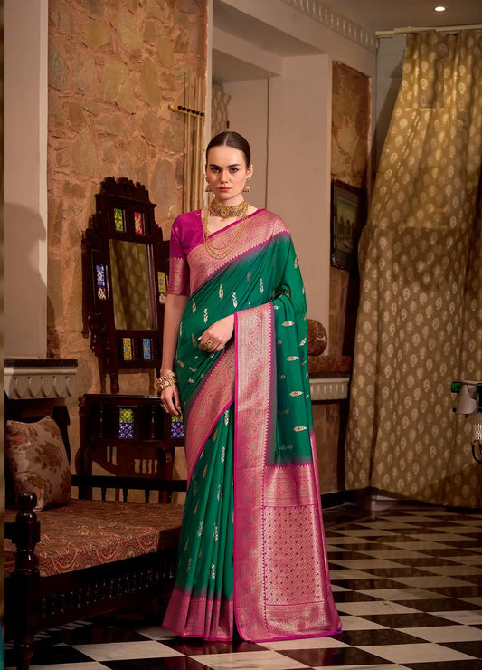 Dark Green Soft Silk  Zari Weaving  Saree With Contrast Border